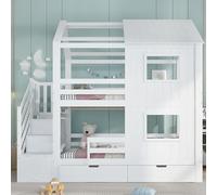 Homgoday Litera Infantil 90x200 cm de Madera de Pino y MDF Blanca con Escalera con Estantes y Cajón con Ruedas, Cama para Niños con Ventanas y Techo, Base de Lamas Resistente