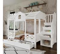 Homgoday Litera Infantil con Cajones y Almacenamiento, Cama Casita con Ventana y Techo, Estructura de Madera Pino y MDF, Tamaños 90x200cm y 140x200cm, para Dormitorio Infantil