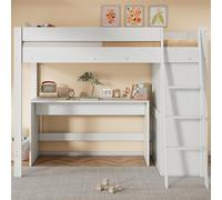 Homgoday Litera Infantil con Escritorio y Armario, Camas Abatibles de Madera Maciza y MDF para Niños, 90x200 cm, Blanca, con Barandilla de Seguridad y Escalera