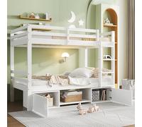Homgoday Litera Infantil con Zapateros y Armarios, Cama Dividida en 2 Individuales, 90x200 cm, Almacenamiento Integrado, Diseño Juvenil Blanco para Niños y Adolescentes