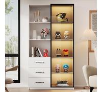 Homgoday Vitrina LED 2 en 1: Estantería con Luces de Colores y Cajones, Mueble Alto Multifuncional para Salón, Dormitorio o Cocina, 80x40x160 cm