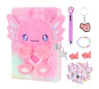 homicozy Diario Secreto Niña, 26 Piezas Axolotl Libreta de Peluche con Candado, 160pp Doble-cara A5 Cuaderno con Bolígrafo Multicolores, Pegatinas, Regalo para Niña 4 5 6 7 8 9 Años