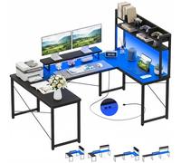 Homieasy Escritorio Gaming Esquinero Reversible en L o U con LED, 189 cm | Amplia Superficie De Trabajo, Tomas Y USB, Estantería Superior, Soporte Para Monitor, Ideal Para Gaming Y Estudio
