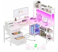 Homieasy Mesa Gaming en L 150cm con LED, Enchufes y Cajones, Blanco | USB & Puerto Type-C, Estantería, Soporte Monitor, Reversible, Ahorro Espacio, Metal, MDF, Casa