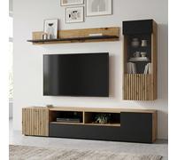 Homlando Auris B - Mueble de salón moderno en roble Artisan negro mate con mueble bajo para TV, vitrina y estante de pared, elegante y de alta calidad con paneles de madera de densidad media
