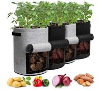 Homyhoo Bolsas de Cultivo de Patatas con Solapa de 10 galones, Paquete de 4 macetas con Asas y Ventana de Cosecha para Patatas, Tomates y Verduras, Color Negro y Gris