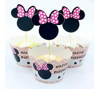 Hongkai 48pcs Mickey Mouse Minnie Cake Toppers and Wrappers Púas para Baby Boy Girl Primer Cumpleaños Decoración Feliz Cumpleaños Baby Shower Aniversario Niños Party Suministros