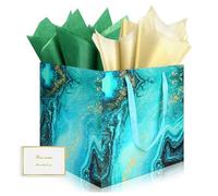 HONTIUS 1 Piezas Bolsas de Regalo Extragrandes，11.9" Cuadrado Bolsa Regalo Grande con Papel de Pañuelos de Papel y Tarjetas, 30*30*30cm Mármol Gift Bags para Bodas Fiestas de Cumpleaños Regalos Verde