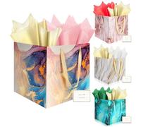 HONTIUS 4 Piezas Bolsas de Regalo Extragrandes，11.9" Cuadrado Bolsa Regalo Grande con Papel de Pañuelos de Papel y Tarjetas, 30 * 30 * 30cm Mármol Gift Bags para Bodas Fiestas de Cumpleaños Regalos