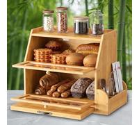 HOOBRO Panera de Bambú con 2 Compartimentos, Tabla de Cortar y Cubertero, Panera con Puertas Acrílicas Transparentes, para Cocina y Comedor, Bambú Natural EYL23MB01