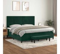 Hoopleep Dark Green Velvet Box Spring Bed with Mattress, 200 x 200 cm King Size, Adjustable Headboard, Pocket Spring Mattress for Back & Stomach Sleepers, Comfortable Sleep Solution