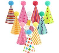 Hooqict 10 mini sombreros de fiesta pequeños para animales de peluche, coloridos sombreros de cono de fiesta de cumpleaños con pompones para bebés, perros pequeños, gatos, mascotas, figuras de