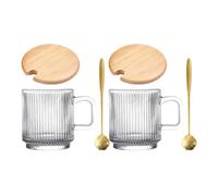 HOOWIFFY 2 Juegos de Tazas de Café de Vidrio con Asa, Tapa de Madera y Cuchara, Capacidad 340ml, Fáciles de Agarrar para Uso en Oficina y Hogar