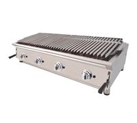 Horemaq Barbacoa de Gas Profesional 130 cm con Piedra Volcánica | Parrilla de Acero Inoxidable Regulable en 3 Alturas | 8 Quemadores | BBQ Gas de Sobremesa para Hostelería, Hoteles y Catering | 130BAR