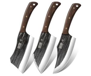HOSHANHO Juego de Cuchillo de Carnicero, Juego de 3 Cuchillo de Chef de Acero de Alto Carbono, Cuchillo de Hueso, Cuchillo de Carne y Cuchillo Vikingo Para el Hogar la Cocina el Camping y la BBQ