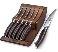 HOSHANHO Juego de Cuchillos de Carne 7 Piezas, Juego de Cuchillos 11,5 cm | Cuchillos para Carne Serrados con Bloque, Cuchillos de Bistec Japoneses de Acero de alto Carbono con Mango Ergon