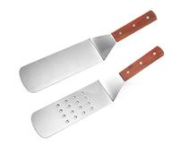 Hoshen 2 planchas de acero inoxidable Teppanyaki, espátulas de metal ranuradas, hamburguesas de tortitas, teppanyaki y sartén, aptas para lavavajillas, mango de madera
