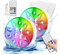HOSPAOP Luces LED Sumergibles Piscina Recargables, IP68 Impermeables con Mando RF, USB, Temporizador, RGB 16 Colores 13 LEDs para Piscina, Jacuzzi, Acuario, Estanque, Florero, Fiesta (Pack 2)