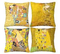 HOSTECCO Juego de 4 Fundas de cojín Amarillas Gustav Klimt Painting The Kiss Fundas de Almohada cuadradas Decorativas para sofá Cama 45 x 45 cm