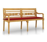 Hothingwell Banco Batavia Madera Maciza de Teca 150 cm Cojín Rojo | Respaldo y reposabrazos, capacidad 110 kg, montaje incluido, uso exterior