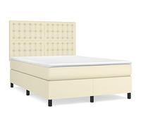 Hothingwell Cama Box Spring con Colchon Cuero Sintetico Crema 140x190 Cm | Cabecero Ajustable, Muelles Ensacados, Dureza Media, Facil Limpieza, Max 110 Kg