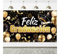 HOWAF Pancarta Feliz Graduación, Telón de Fondo Graduacion Póster de Tela Cartel Extra Grande, Fondo de Photocall para Decoración Graduación 2026, 185 X 110CM, Oro Negro
