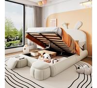 HOXINBLY Cama de matrimonio con almacenamiento, 140 x 200 cm, con LED y 2 taburetes contenedor, cama de una plaza y media con cabecero y compartimento de almacenamiento, para niños con somier de