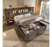 HOXINBLY Cama de matrimonio con contenedor, 180 x 200 cm, LED y USB C, cama de una plaza y media con 2 mesitas integradas y cabecero, cama contenedor con somier de láminas, estructura de cama de lino