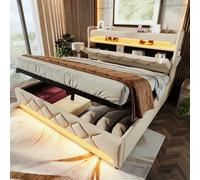 HOXINBLY Cama doble con trastero, 180 x 200 cm, con led y USB, cama francesa con cabecera, cama con somier con somier con somier, cama doble en beige (sin colchón)