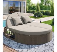HOXINBLY Juego de muebles de jardín para exteriores, sofá cama impermeable con estante lateral y ajustable, tumbona doble multifuncional, para muebles de balcón, terraza, ratán gris