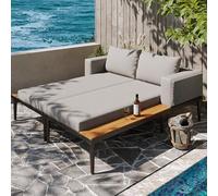 HOXINBLY Juego de muebles de jardín para exteriores, sofá cama impermeable con estantes, tumbona doble multifuncional, para muebles de balcón, terraza, estructura de metal, tejido de poliéster, gris