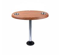 HuadaXtai Mesa Náutica Redonda de Barco de Café para Yate Aluminio con Superficie Tipo Madera y Portavasos Diseño Estable con Base Fija Adecuada, Marrón Claro
