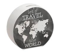 Hucha Con Diseño De Mapamundi Y Texto 'Let's Travel The World' - Acuarela En Negro Para Viajar Por El Mundo O Las Próximas Vacaciones