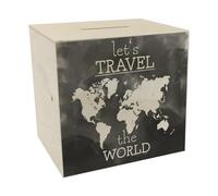 Hucha de madera con diseño de mapas del mundo y texto - Let's travel The World en negro hucha de madera con diseño de acuarela y bonito diseño para un viaje por el mundo o