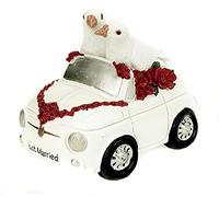 Hucha de polirresina con diseño de coche de boda con palomas, 16 cm