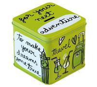 Hucha metálica "for your next adventure" verde - Las Huchas Originales - Acabado mate - Apta para niñas & niños - Tamaño: 12x12xH12cm