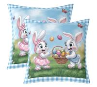 Huevos De Pascua De Rabbits Kawaii, Cuadrícula Azul Y Blanca, Butterfly Animal Fundas para Cojines Cómoda Fundas para Almohadas Sin Arrugas Funda Almohada para Coche Jardín 45X45Cm Conjunto De 2