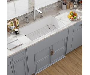 Hugsleek - 32 fregaderos de cocina blancos de montaje superior y bajo encimera, 32 x 19 pulgadas, porcelana blanca, cerámica, arcilla refractaria, accesorios de montaje doble, cuenco individual debajo