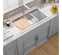 Hugsl stación de trabajo para fregadero de cocina de arcilla refractaria blanca, 33 x 22 pulgadas, accesorios de repisa para fregadero sobre mostrador, lavabo de montaje superior