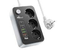 Hulker Regleta de alimentación USB con PD 20W de Carga rápida Tipo-C, Regleta de alimentación múltiple con 3 Tomas y 5 Ranuras USB, Enchufe de extensión 2M de Cable de extensión