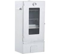 Humo para asar, fabricado en acero galvanizado, ideal para barbacoas al aire libre, con termómetro incorporado. Dimensiones: 44,5 x 29 x 83 cm. Incluye 1 kg de astillas de madera y 12 ganchos para col