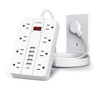HUNIAN - Tira de alimentación con puertos USB, cable de extensión de enchufe plano de 5 pies, protector de sobretensiones con 8 tomas de corriente ampliamente espaciadas, 6 cargadores USB (1 puerto