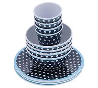 HUSHUI Juego de Vajilla, Elegante Vajilla de Lunares Azul Oscuro, Taza y Cuencos Multiusos de Melamina para el Hogar y el Restaurante, 12 Piezas