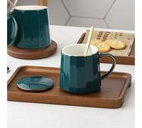 HUSHUI Linda Taza de café de Cerámica con Tapa y Cuchara, Taza de Leche a Prueba de Polvo para Oficina en Casa, Verde, 1 Unidad
