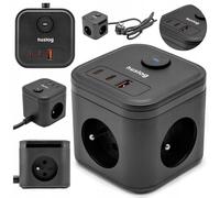 Huslog Cubo Regleta Enchufes 7 en 1, con 3 Tomas Schuko, 2 USB-C y 2 USB-A, Interruptor de Ahorro de Energía, 3680W, 230V/16A, Cable de 1,4 m, Base Antideslizante, Compacta para Oficina y Hogar, Negro