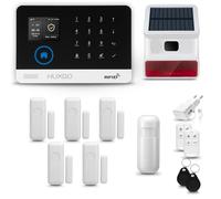 HUXGO® HXA003 Sistema de Alarma inalámbrico con Solar Sirena Exterior WiFi + gsm 4G | Kit Alarma con 1x Sensor de Movimiento, 5X alarmas de Puerta/Ventana | Idioma Español