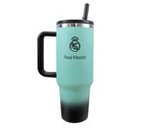 Hy-Pro Botella térmica con licencia oficial del Real Madrid de 40 onzas, 1.13 L, con popote y asa integrados, taza de viaje aislada de doble pared, acero inoxidable, sin BPA, gran idea de regalo de