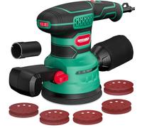 HYCHIKA 450W Lijadora Orbital, Seis velocidades de 6000-12000 OPM, eficiente sistema de recogida de polvo con 20PCS de papel de lija, ideal para el lijado de metal y madera