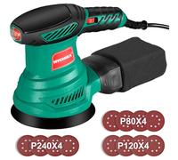 HYCHIKA Lijadora Orbital 300W, Lijadora Rotorbital con Motor de Cobre Puro, 6 Velocidad, 13000RPM, 12PCS Lija de 125mm (240/120/80 Grano), con Bolsillo Lavable de Recogida, para Lijar Madera y Metal