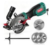 HYCHIKA Mini Sierra Circular 750W Con Cable Sierra Incisión 48mm | Pequeña sierra circular con cable 750W (230V), corte máx 48 mm, bisel 0-45°, incl. 3 hojas (TCT/HSS) y toma de aspiración